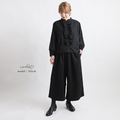 最終ＳＡＬＥ　ギマ擬麻コットン　小花フリル襟　花ボタン　シャツ　ジャケット　前開き　黒　H30C 最終SALE ギマ擬麻コットン 小花フリル襟 花ボタン シャツ