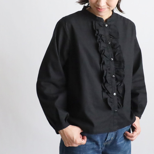 最終sale　ギマ擬麻コットン　バンドカラー　花びらフリル　シャツ　ブラウス　羽織り　ジャケット ゆったり オフホワイト A21A 秋price 5色 ギマ擬麻コットン バンドカラー 花びらフリル