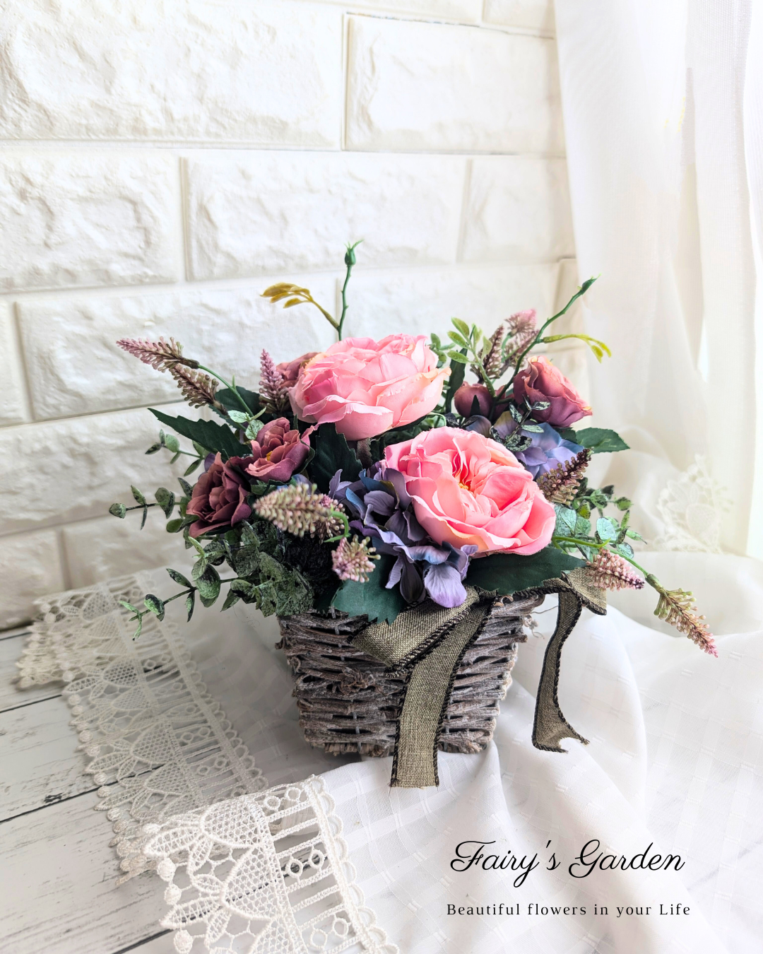 週末限定SALE★ピンクローズのバスケットアレンジ　造花　アーティフィシャルフラワー