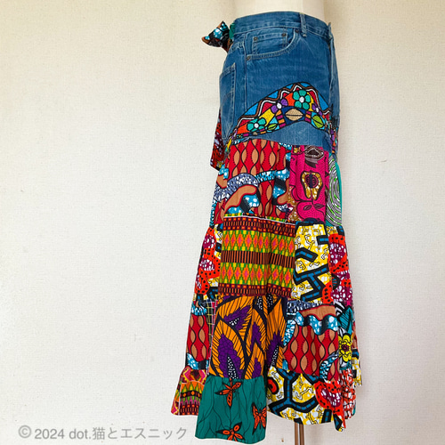 ★レオパード× デニム MIX ダメージ英字ペイント リメイク ロングスカート★ ☆レオパード× デニム MIX ダメージ英字ペイント リメイク ロング