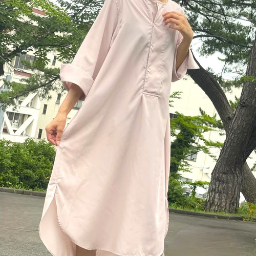 大人可愛い❣くすみピンクのワンピース サイズフリー マキシ丈 七分袖