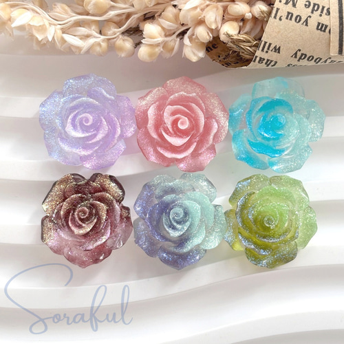 6個】エレガントなシマー薔薇カボション バラ ローズ ラメ 18mm