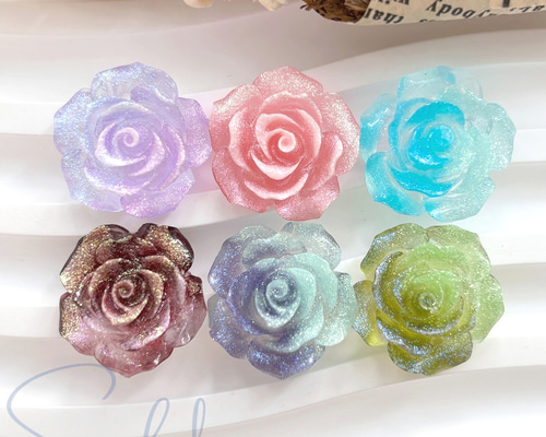 6個】エレガントなシマー薔薇カボション バラ ローズ ラメ 18mm