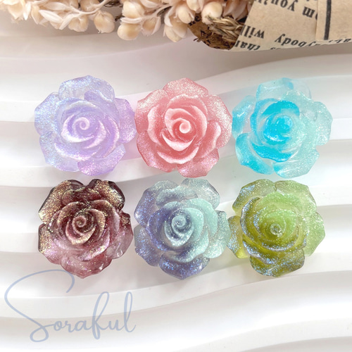 6個】エレガントなシマー薔薇カボション バラ ローズ ラメ 18mm