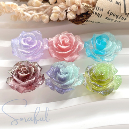6個】エレガントなシマー薔薇カボション バラ ローズ ラメ 18mm