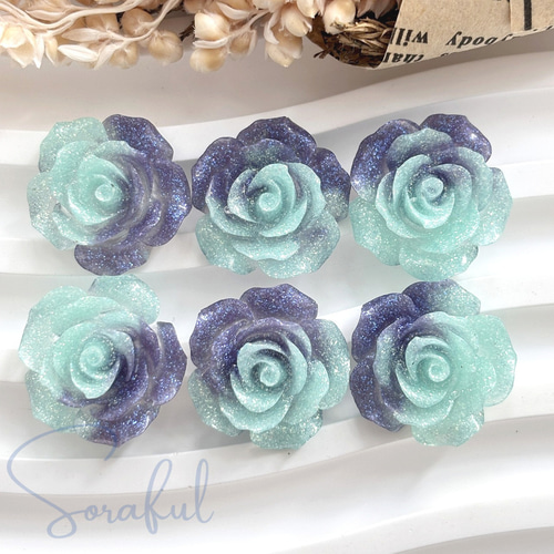 6個】エレガントなシマー薔薇カボション バラ ローズ ラメ 18mm