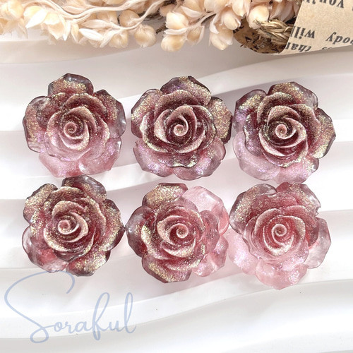 6個】エレガントなシマー薔薇カボション バラ ローズ ラメ 18mm