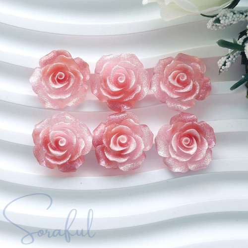 6個】エレガントなシマー薔薇カボション バラ ローズ ラメ 18mm