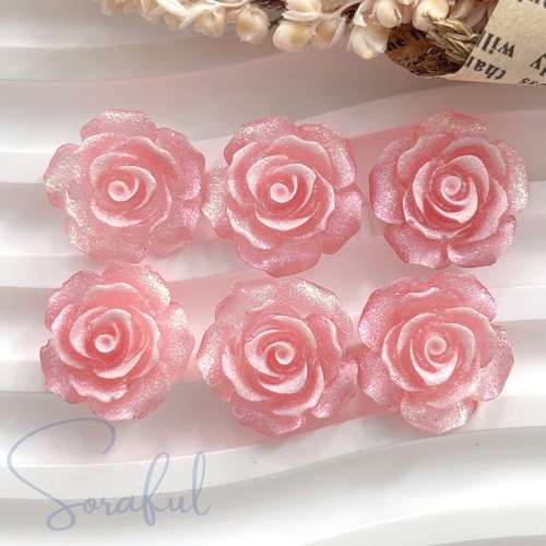 6個】エレガントなシマー薔薇カボション バラ ローズ ラメ 18mm