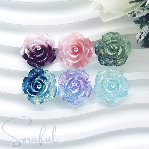 6個】エレガントなシマー薔薇カボション バラ ローズ ラメ 18mm