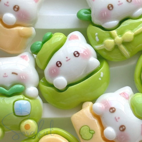 6種セット】青りんごと猫ちゃん【デコパーツ】D-0641 デコパーツ