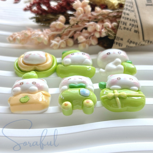 6種セット】青りんごと猫ちゃん【デコパーツ】D-0641 デコパーツ