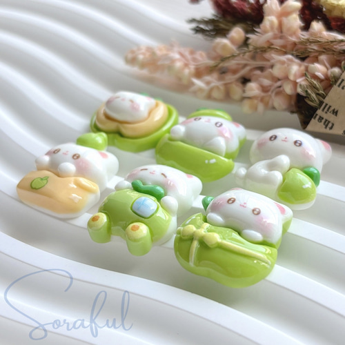 6種セット】青りんごと猫ちゃん【デコパーツ】D-0641 デコパーツ