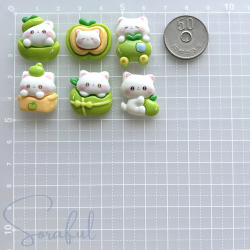 6種セット】青りんごと猫ちゃん【デコパーツ】D-0641 デコパーツ