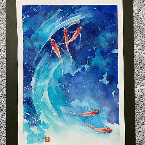 水彩アート「赤メダカ」A4ポスター。 イラスト アトリエライジュ