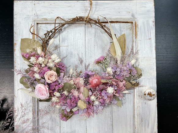 ピンクパープルの華やかナチュラルリース リース ortensia  