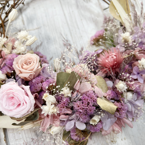 ピンクパープルの華やかナチュラルリース リース ortensia  