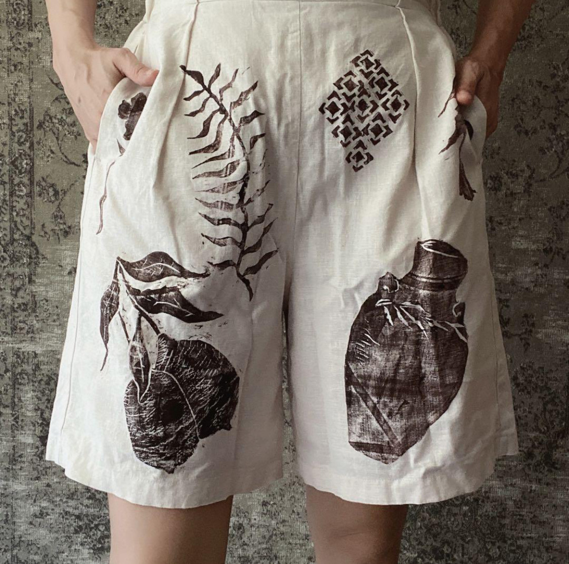 コットン綿麻素材、リネン、ハーフパンツパンパン、ショートパンツ