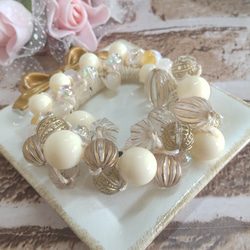 シュシュ  ヘアゴム  ビーズ  水色/ベージュ シュシュ ヘアゴム ビーズ 水色/ベージュ