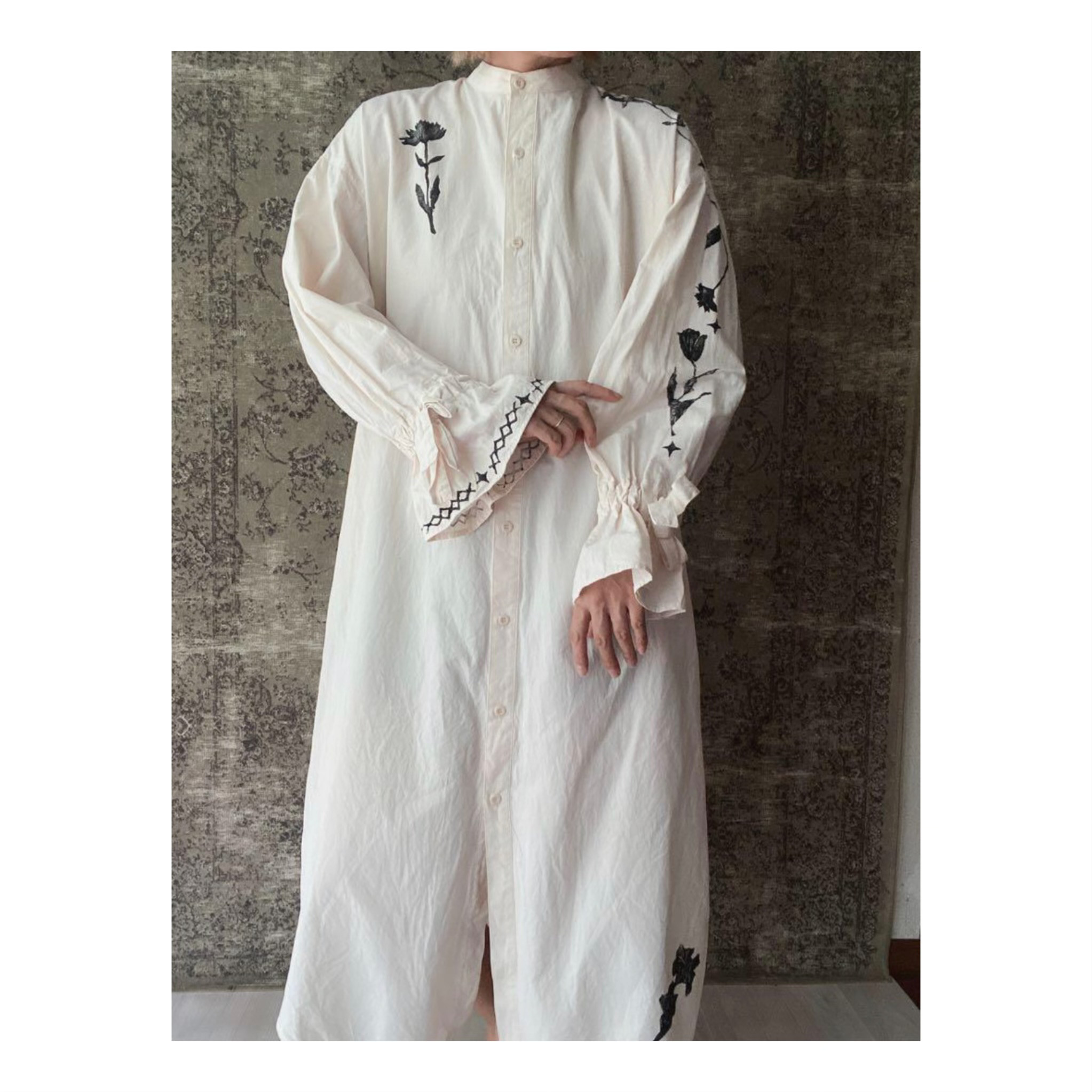 コットンリボンフリルロングシャツワンピース花柄インドブロック  