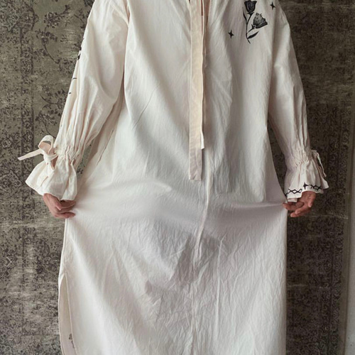 コットンリボンフリルロングシャツワンピース花柄インドブロック  