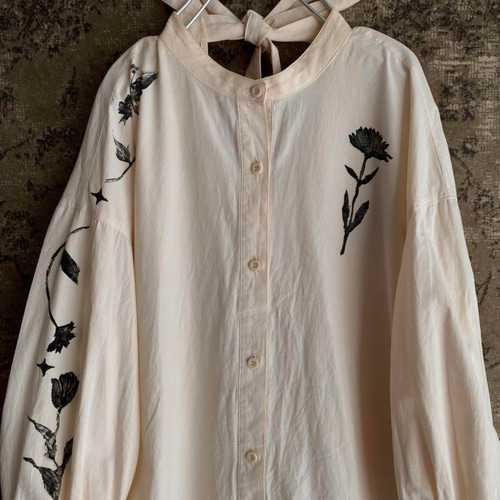 コットンリボンフリルロングシャツワンピース花柄インドブロック  