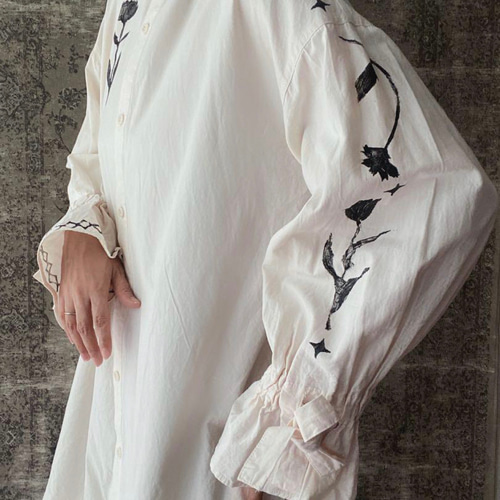 コットンリボンフリルロングシャツワンピース花柄インドブロック  