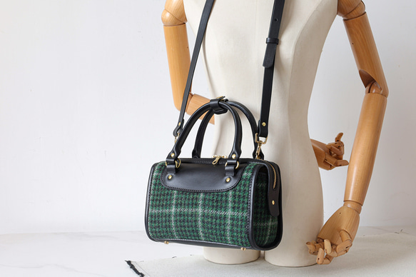 羊毛 x 皮革拼接 真皮手工雙拉鍊波士頓迷你包 第4張的照片