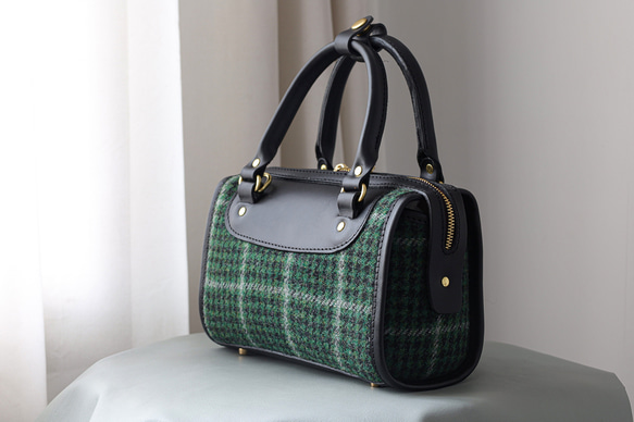 羊毛 x 皮革拼接 真皮手工雙拉鍊波士頓迷你包 第2張的照片