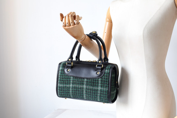 羊毛 x 皮革拼接 真皮手工雙拉鍊波士頓迷你包 第9張的照片