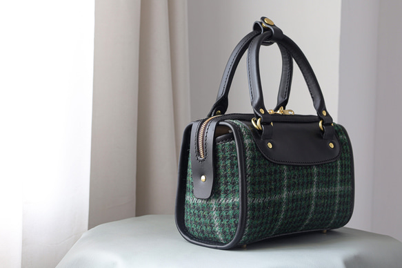 羊毛 x 皮革拼接 真皮手工雙拉鍊波士頓迷你包 第3張的照片