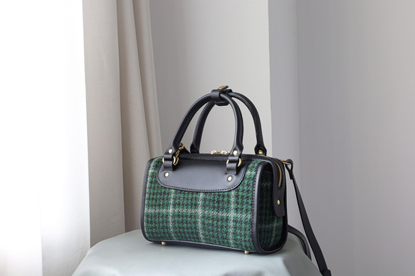 羊毛 x 皮革拼接 真皮手工雙拉鍊波士頓迷你包 第7張的照片