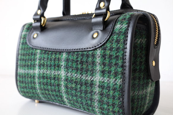 羊毛 x 皮革拼接 真皮手工雙拉鍊波士頓迷你包 第12張的照片