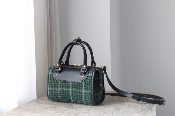 羊毛 x 皮革拼接 真皮手工雙拉鍊波士頓迷你包 第8張的照片