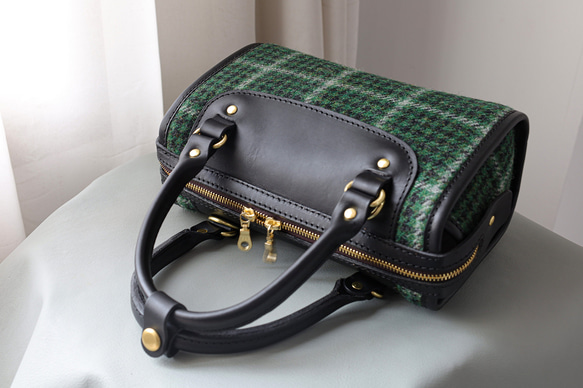 羊毛 x 皮革拼接 真皮手工雙拉鍊波士頓迷你包 第5張的照片