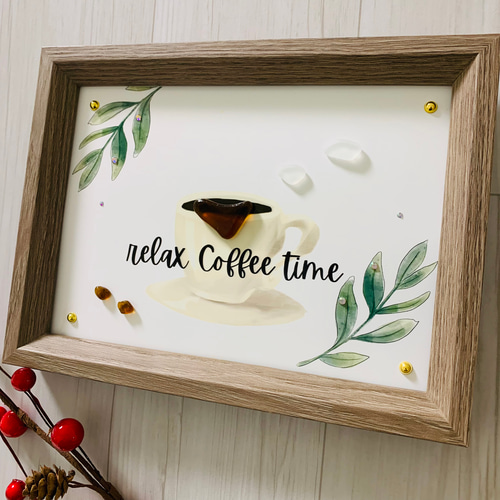 特別価格！　のーんびり　。　シーグラスアート シーグラスアート リラックスコーヒータイム カフェ アートパネル 北欧