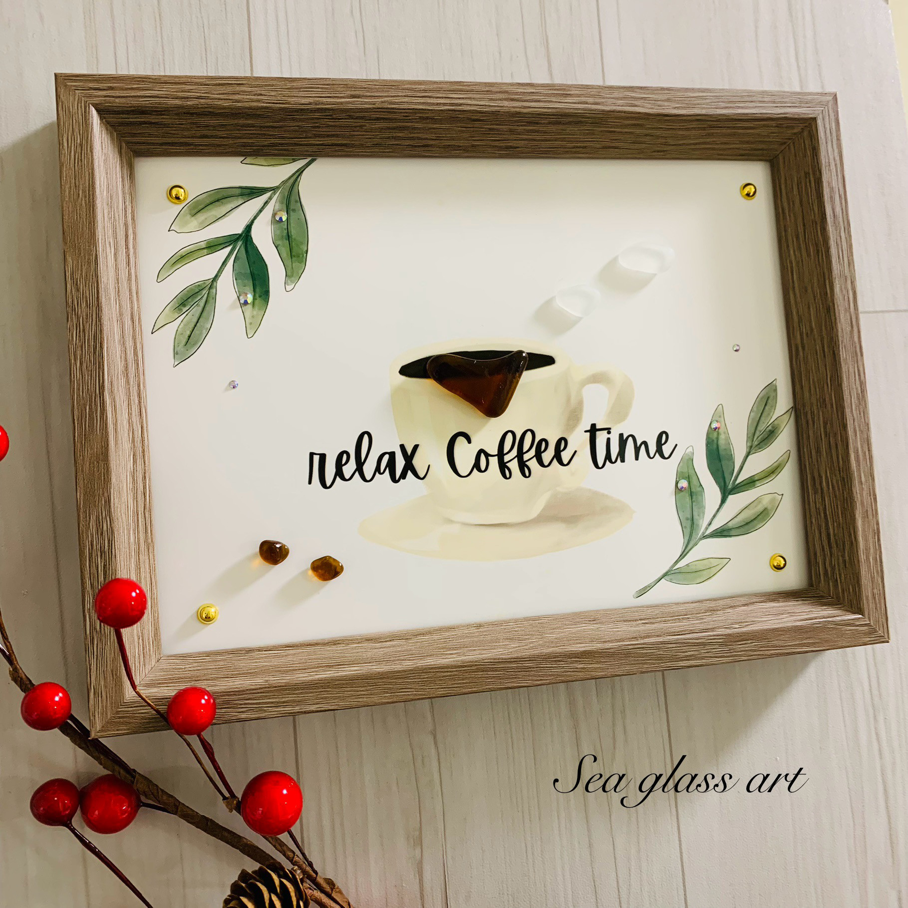 シーグラスアート リラックスコーヒータイム カフェ アートパネル 北欧ガラス細工  プレゼント 贈り物 誕生日プレゼント