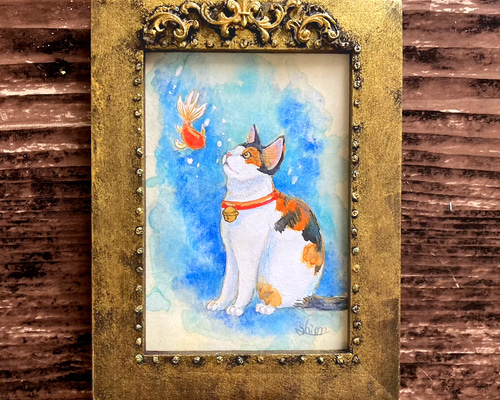 金魚と三毛猫」 /日本画 原画 アンティーク インテリアアート