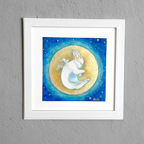 「　月で眠る　」　art インテリアデザイン　アクリル画 眠るうさぎとお月様 大」 /日本画 インテリアアート 絵画 絵画 紫苑