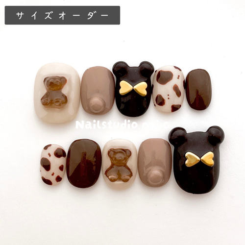 ネイルチップ サイズオーダー 韓国 ポップ ぷっくり ブラウン くま 耳  