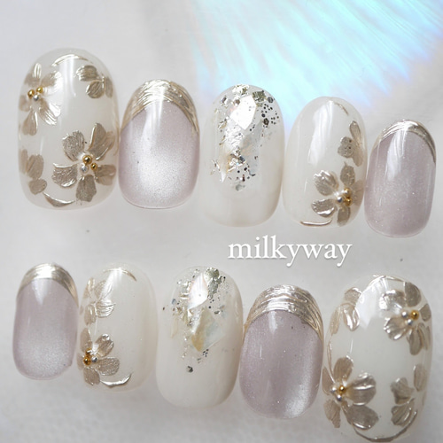 No.50 マグネット×ミラーフラワー オーダーネイルチップ 成人式