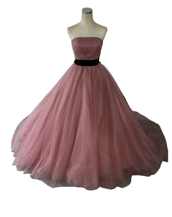 カラードレス スレンダーライン ピンク ベアトップ サッシュベルト  