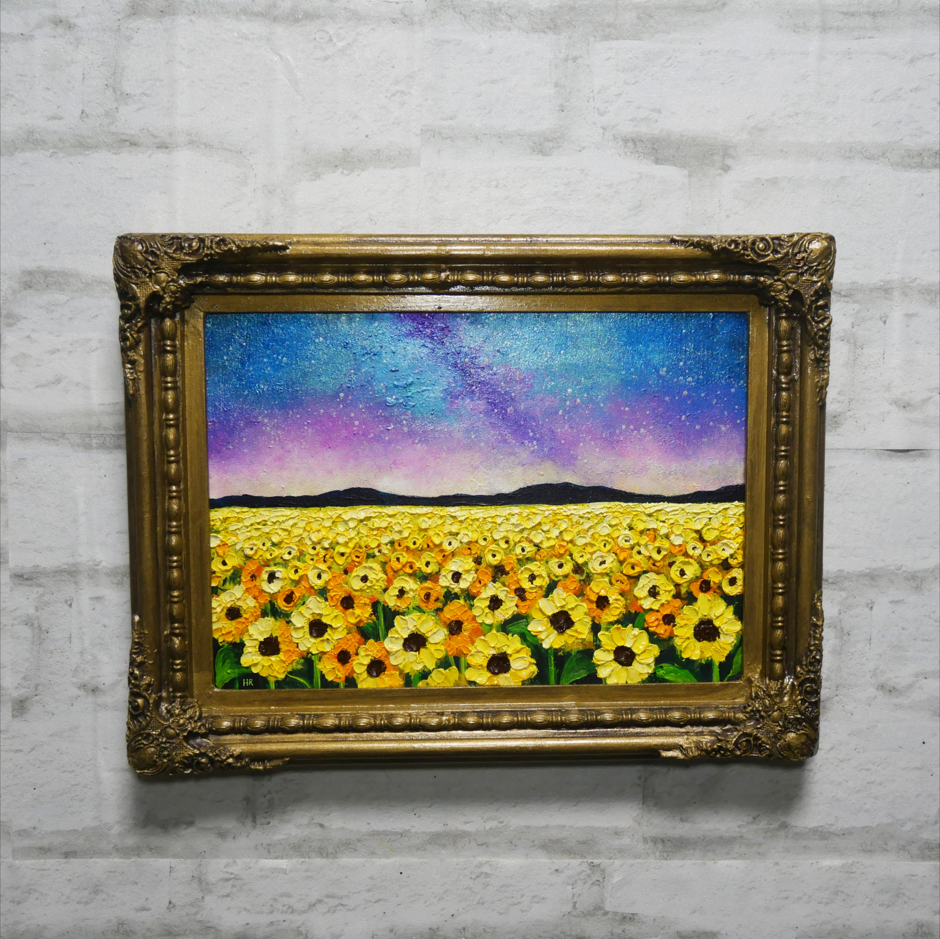 ［匿名で配送］ 一点もの 夕方 空 星 油絵 油彩 絵 油絵 油彩 油彩画 絵 絵画【星空の向日葵畑】 絵画 HR 通販 18156699