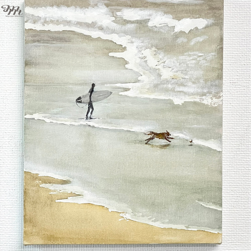 原画　F3キャンバス 海に浮かぶ白猫　手描き　アクリル画　ハンドメイド アクリル原画「朝焼に浮かぶ船出」F 3キャンバス 絵画 washio