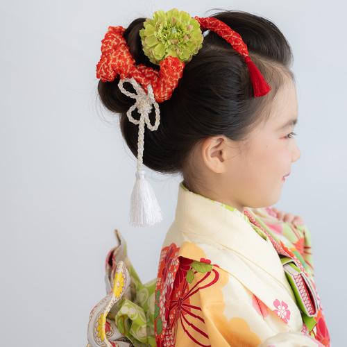 七五三7歳/ハーフ成人式髪飾り緑E】鹿の子(かのこ)ちんころ赤 七五三7歳/ハーフ成人式髪飾り緑E】鹿の子(かのこ)ちんころ赤