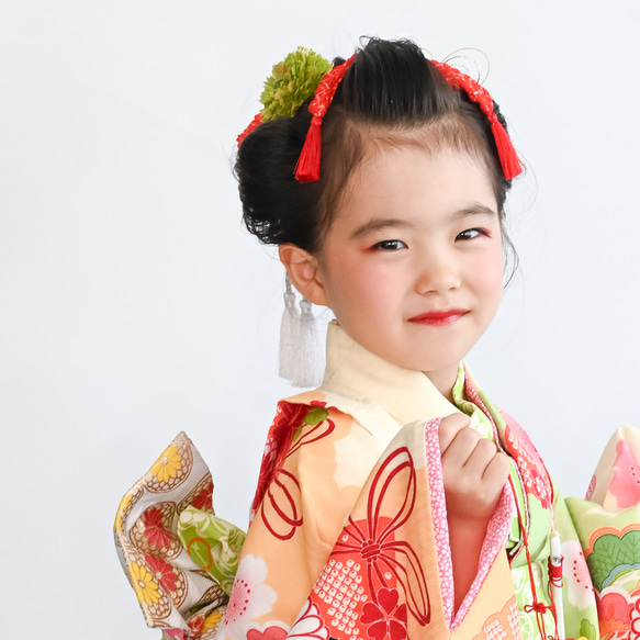 七五三7歳/ハーフ成人式髪飾り緑E】鹿の子(かのこ)ちんころ赤 七五三7歳/ハーフ成人式髪飾り緑E】鹿の子(かのこ)ちんころ赤