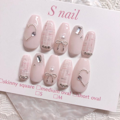 ネイルチップ ワンホン ツイード ガーリー リボン ビジュー