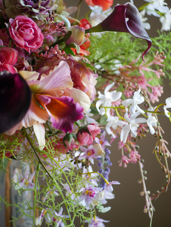 ウェディングブーケ　前撮りブーケ　個性的ブーケ　個性派ブーケ　アーティフィシャルフラワーブーケ　韓国ブーケ　カラフル 