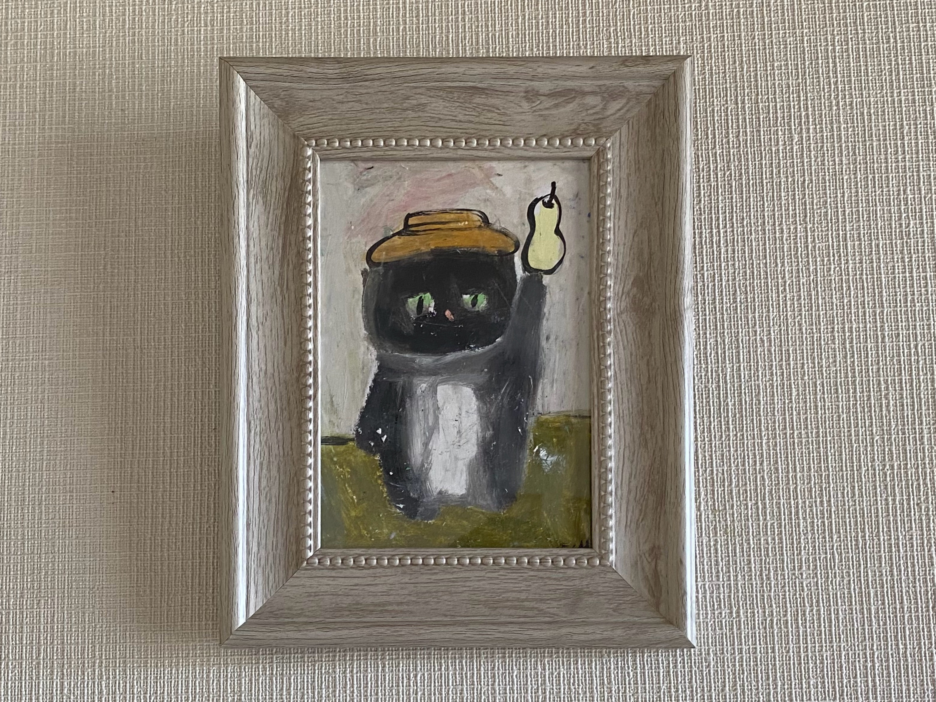 絵画。原画【麦わら帽子をかぶった黒猫が梨を摘んだ】