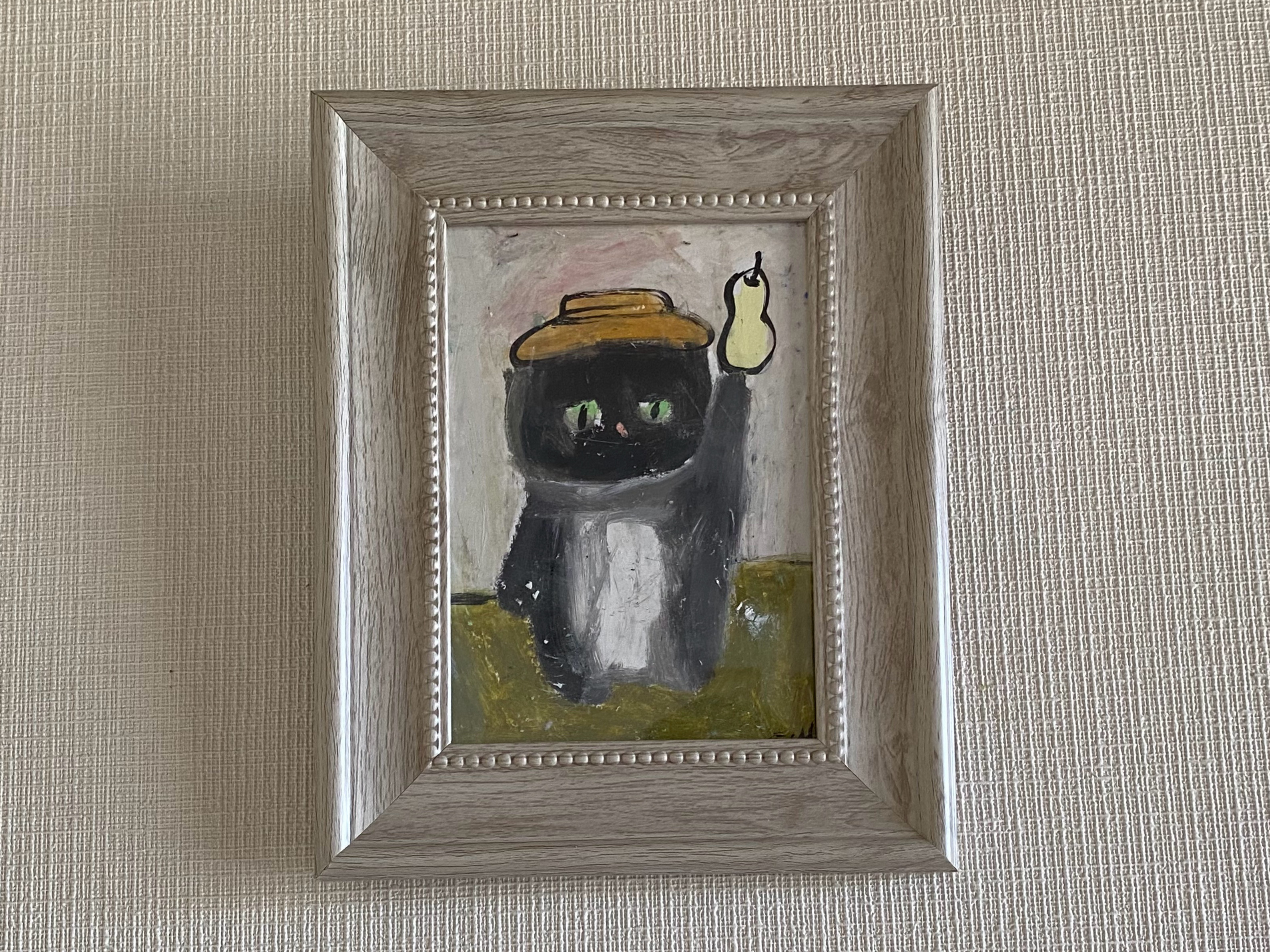 絵画。原画【麦わら帽子をかぶった黒猫が梨を摘んだ】